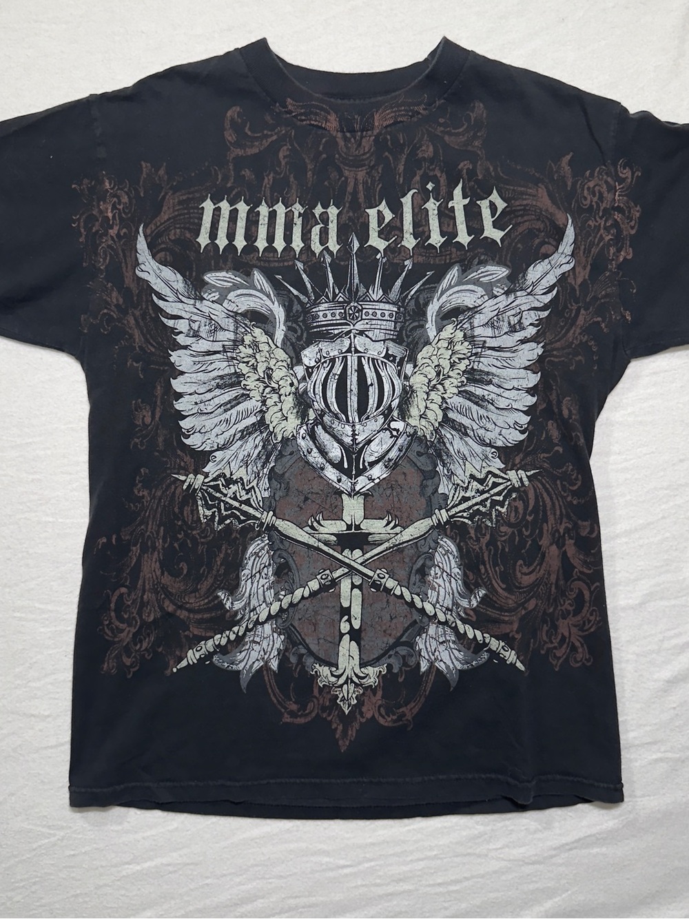 MMA ELITE Y2K Men's Black Wing Crest Graphic Tee sun faded distressed wash
